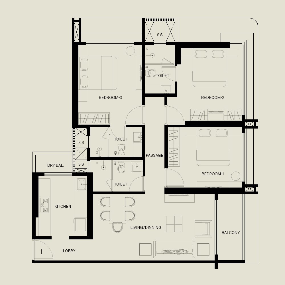 3 BHK Luxe floor plan