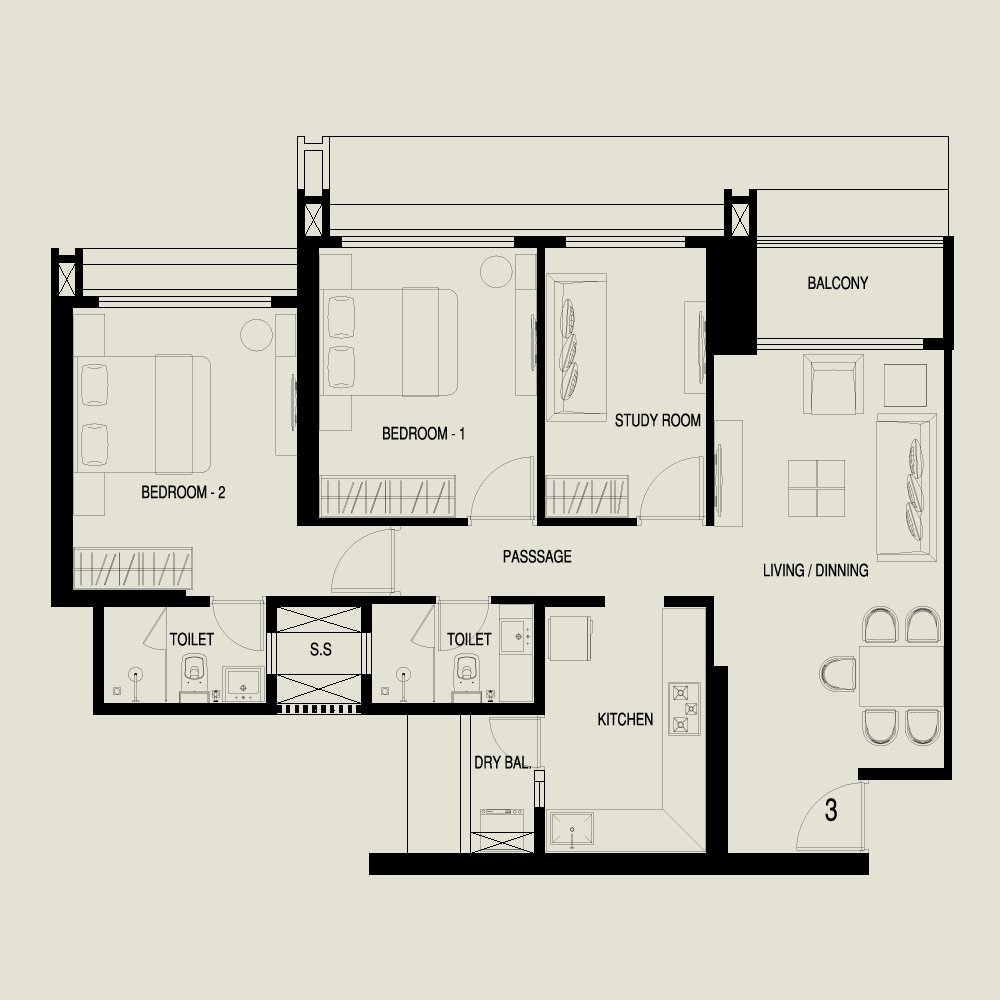 3 BHK Smart floor plan
